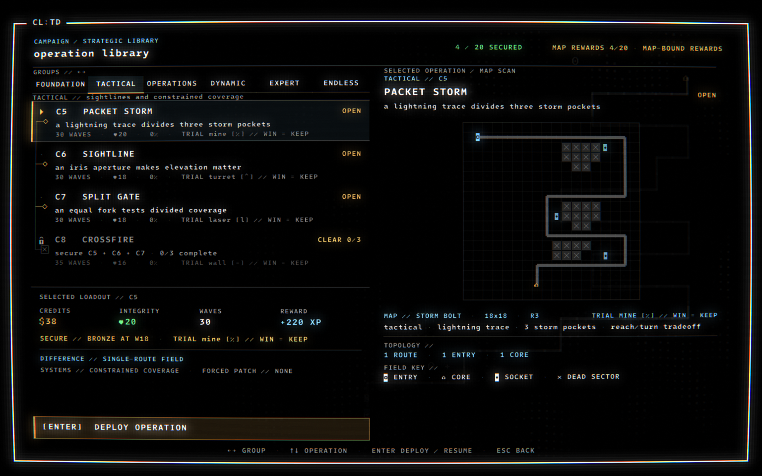 Full game Campaign operation library showing the Packet Storm map.