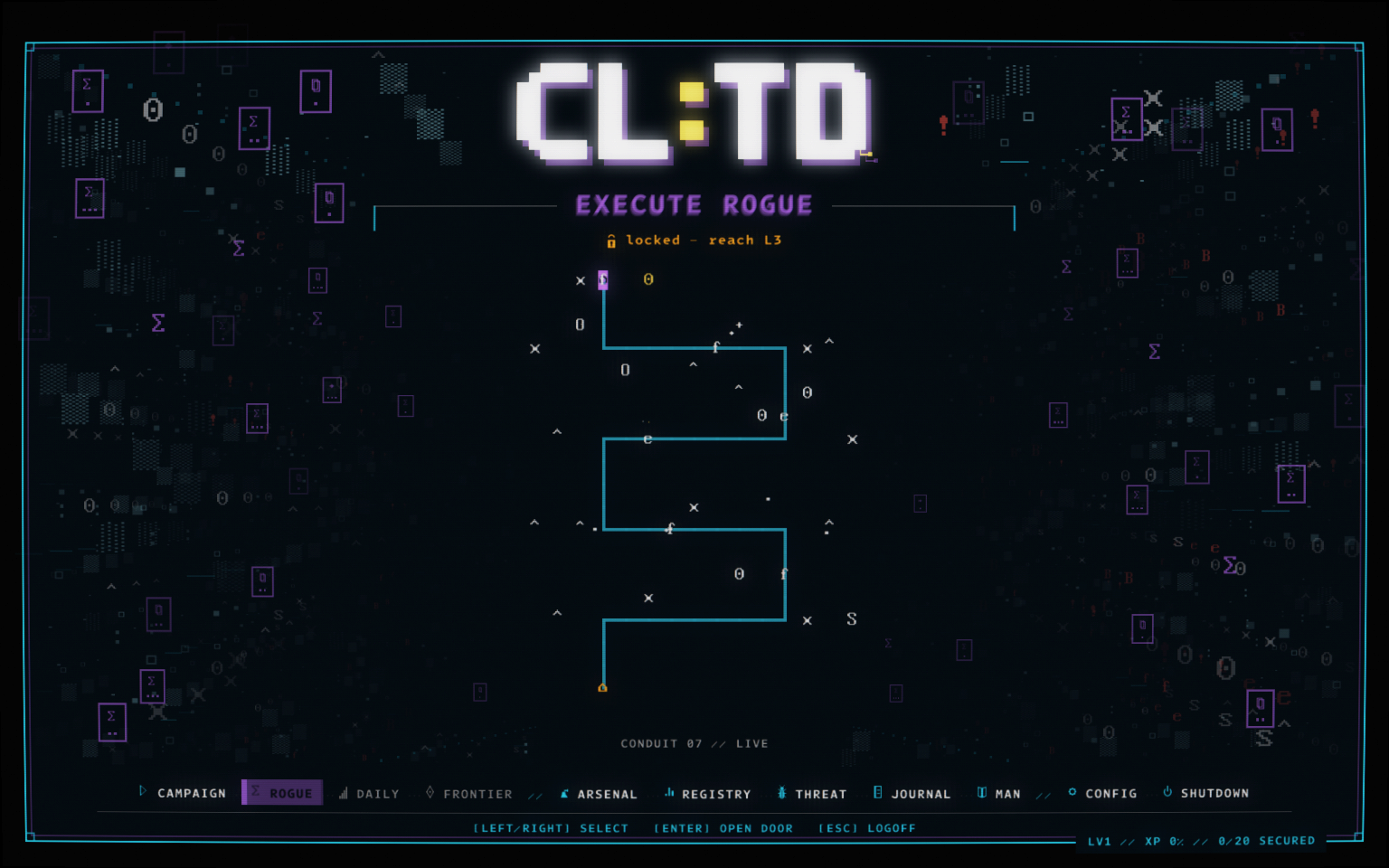 CL:TD centered main menu with Rogue Descent selected, drifting cards, and the navigation dock.