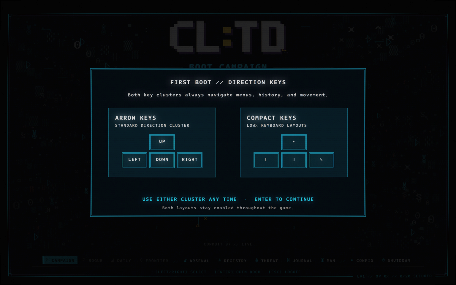 CL:TD first-boot navigation choice for arrow and compact key layouts.