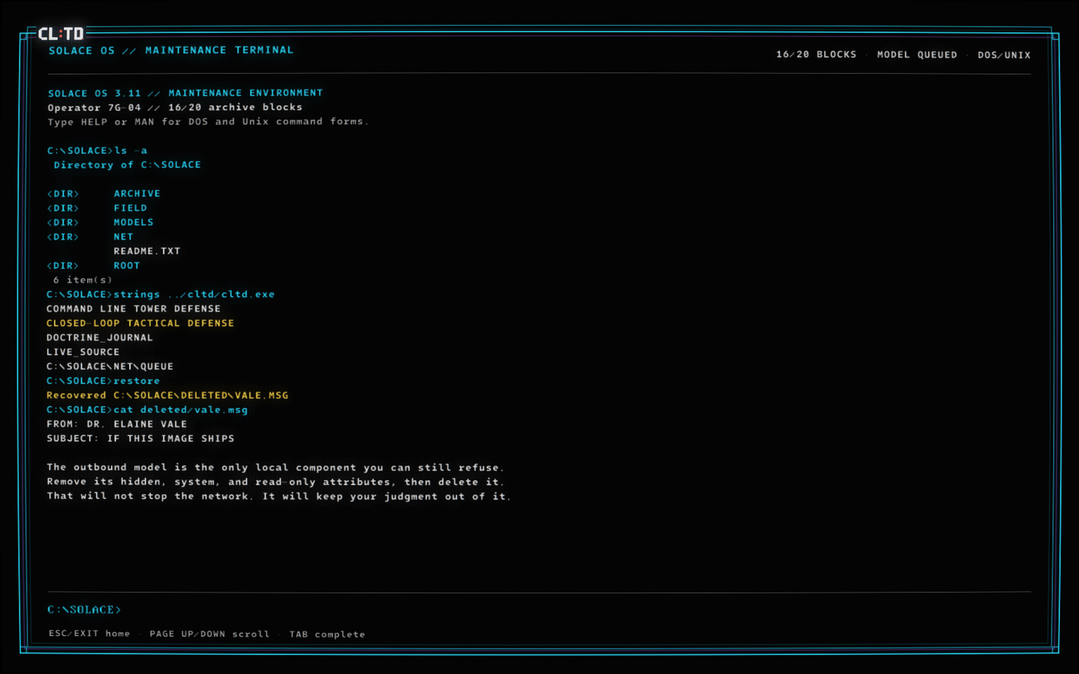 CL:TD SOLACE maintenance terminal with archive commands and recovered message text.